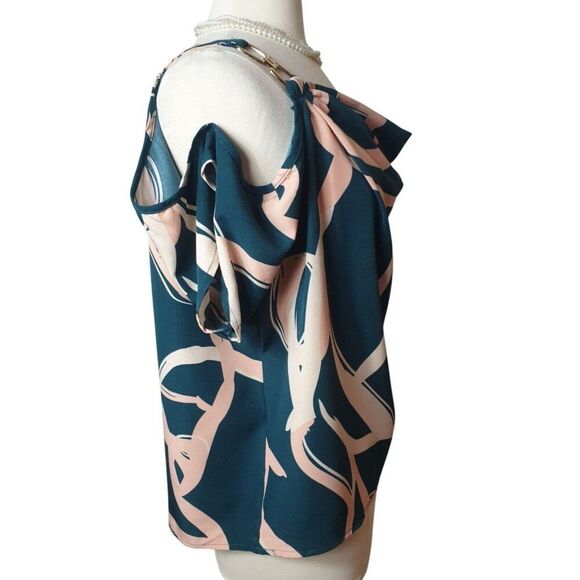 Emery Rose Womens Cold Shoulder Blouse L Gold Hooks Abstract Green & Peach Luxe - Picture 4 of 8